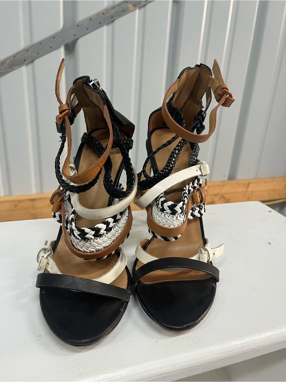 L.A.M.B. Black, White & Tan Braided Strappy High Heels